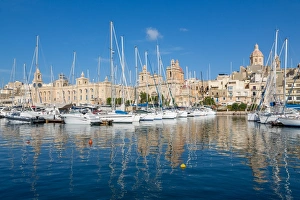Malta Prints: Boats moored in Grand Harbour marina at Birgu, Valletta, Malta, Mediterranean, Europe