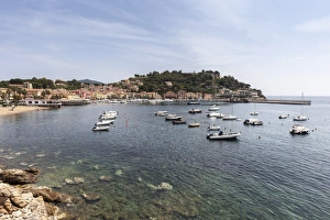 Livorno Province Prints: Boats moored in the harbor, Porto Azzurro, Elba Island, Livorno Province, Tuscany