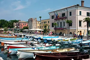 Boats moored in the harbour at Bardolino, Lake Garda, Italian Lakes, Lombardy, Italy, Europe