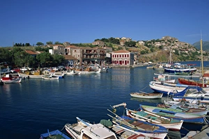 Lesbos Prints: Boats moored in harbour at Molyvos