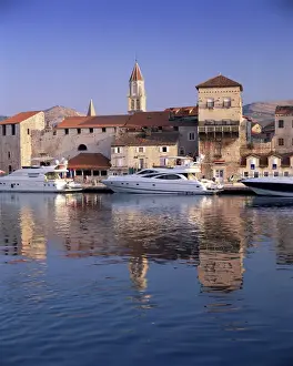 Trogir Prints: Boats moored in front of the Old Town, Trogir, UNESCO World Heritage Site