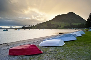 Golden Bay Prints: Boats at Mount Maunganui at sunset, Tauranga, North Island, New Zealand, Pacific