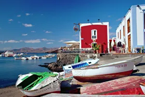 Boats and old red house, Old Port, Puerto del Carmen, Lanzarote, Canary Islands