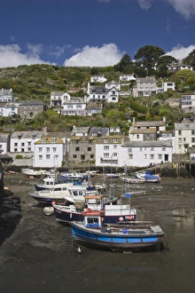 Polperro Prints: Boats in Polperro harbour at low tide, Cornwall, England, United Kingdom, Europe