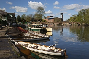Boats on the River Avon and the Royal Shakespeare Theatre, Stratford-upon-Avon, Warwickshire