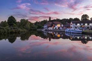 Sunburst Prints: Boats on River Bure at Coltishall after sunset, Norfolk Broads, Norfolk, England