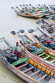 Typically Myanmar Prints: Boats on the river in Yangon, Myanmar (Burma), Southeast Asia