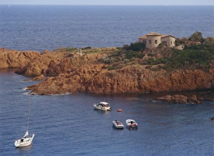 Head Land Prints: Boats along the rocky coast at Cap Roux on the Corniche d Esterel
