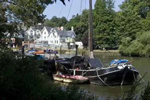 Richmond Prints: Boats, one with a solar panel, moored on the Thames at Richmond, Surrey