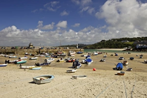 On Holiday Destination Prints: Boats in St Ives harbour at low tide, Cornwall, England