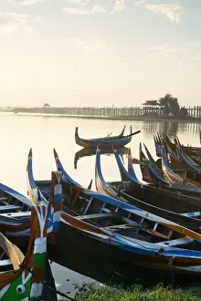 Mandalay Prints: Boats on the Taungthaman Lake near Amarapura with the U Bein teak bridge behind, Mandalay