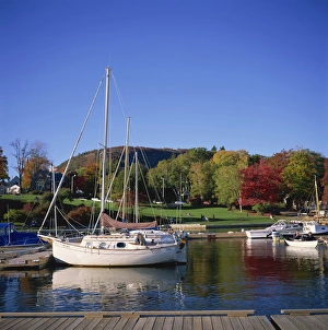 Maine Prints: Boats on the waterfront at Camden harbour with fall colours
