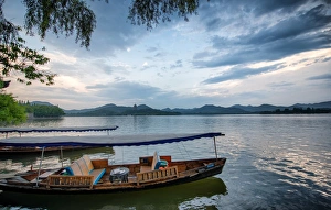 West Lake Prints: Boats at West Lake shore in Hangzhou, Zhejiang, China, Asia