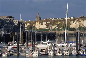 Dieppe Prints: Boats and yachts in the harbour and cliffs beyond, Dieppe, Haute Normandie (Normandy)