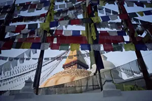 Nepalese Prints: Bodnath (Bodhnath) (Boudhanath) stupa with Buddhist prayer flags