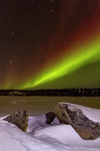 Northern Prints: Boreal forest and Northern Lights over Great Slave Lake in Northwest Territories