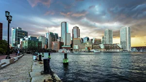 High Rises Prints: Boston Waterfront Skyline and stormy skies