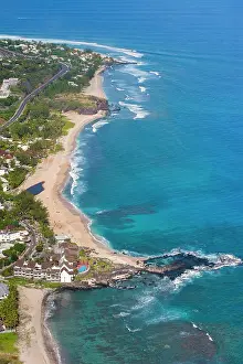 Reunion Prints: Boucan Canot hotel, aerial view of lagoon west coast, Saint-Gilles-les-Bains, Reunion