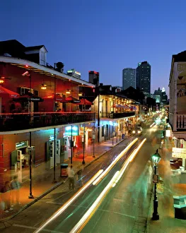 Images Dated 29th August 2008: Bourbon Street and city skyline at night