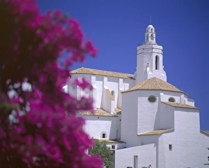 Costa Brava Prints: Bourgainvillea flowers and white Christian church