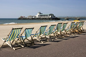Chair Prints: Bournemouth East Beach, deck chairs and pier, Dorset, England, United Kingdom, Europe