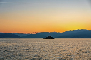Nafplion Prints: Bourtzi Castle island at sunset, Nafplion, Peloponnese, Greece
