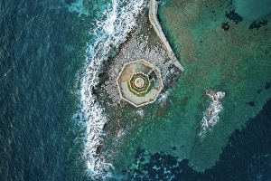 Peloponnese Prints: Bourtzi of Methoni castle, drone aerial top view, and sea, Methoni, Peloponnese, Greece