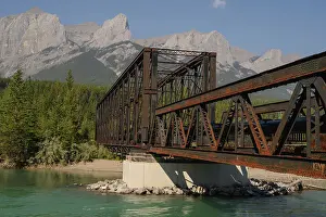 Outdoor Activities Prints: Bow River Iron Bridge and Mount Lawrence Grassi on a hazy summer evening caused by wildlife smoke