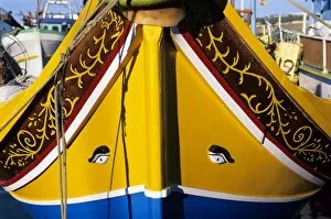Images Dated 8th December 2011: Bow of traditional Maltese Luzzu fishing boat with the Eye of Osiris, Malta
