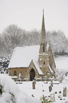 Gravestone Prints: Box cemetery chapel after heavy snow, Box, Wiltshire, England, United Kingdom, Europe