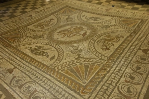 Floors Prints: Boy on a dolphin and a flying horse, centre of mosaic floor, Fishbourne Roman Palace