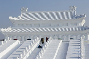 Images Dated 2nd February 2008: A boy slides down a giant replica sculpture of Beijings Forbidden City at the Snow