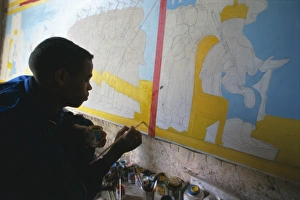 Gondar Prints: Boy working in Aleka Gamid Gidey painting workshop, Zege peninsula, Lake Tana