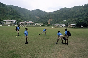 Tobago Prints: Boys playing cricket at Charlotteville