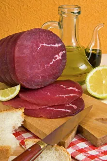 Food And Drink Prints: Bresaola, air-dried salted beef, Valtellina, Val Telline, Lombardy, Italy, Europe
