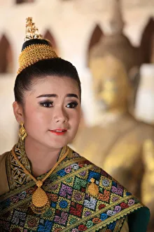 Laos Prints: Bride wearing traditional Lao costume for her wedding, Wat Si Sake, Vientiane, Laos