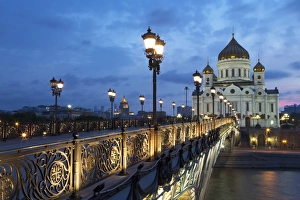 Lamp Post Prints: Bridge and Cathedral of Christ the Redeemer at night, Moscow, Russia, Europe