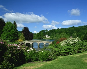 Gardens Prints: Bridge over lake at Stourhead Gardens, Wiltshire, England, United Kingdom, Europe