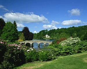 Bridge over lake at Stourhead Gardens, Wiltshire, England, United Kingdom, Europe
