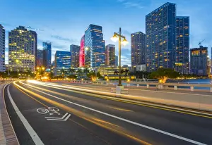 Bridge leading to Brickell Key and Downtown Miami skyline at dusk, Downtown Miami