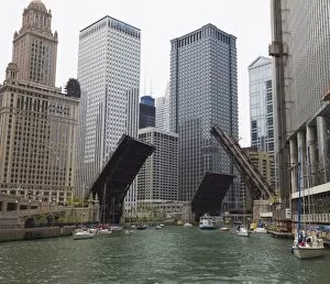 Images Dated 10th May 2008: Bridges raised to allow sailboats through, Chicago River, Chicago, Illinois