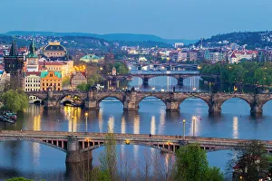 Czech Prints: Bridges over Vltava River as seen from Letna Park at twilight