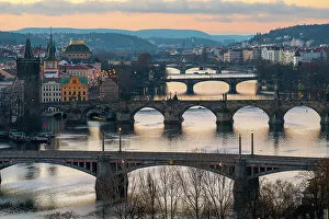 Connections Gallery: Bridges over Vltava River against sky seen from Letna Park at dusk, Prague, Bohemia