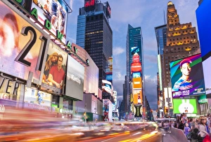 Times Square Prints: Bright billboards, busy traffic light trails, Times Square, Broadway, Theatre District