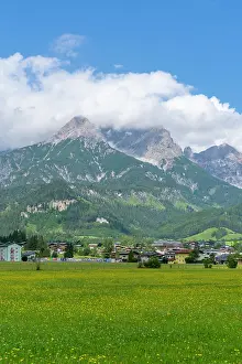 Salzburg Prints: Bright sunny day with mountains and fields near Saalfelden in Salzburg, Austria