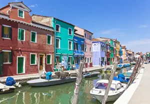 Venetian Prints: Brightly coloured fishermens cottages on the island of Burano in the Venice lagoon