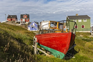 Sisimiut Prints: Brightly painted houses and boat in Sisimiut, Greenland, Polar Regions