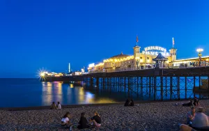 Slow Shutter Prints: Brighton Palace Pier and beach at night, East Sussex, England, United Kingdom, Europe