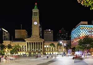 Clock Tower Prints: Brisbane Town Council building illuminated at night, long exposure, Brisbane, Queensland