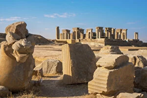 Archaeological Gallery: Broken bull column in foreground, Persepolis, UNESCO World Heritage Site, Iran, Middle